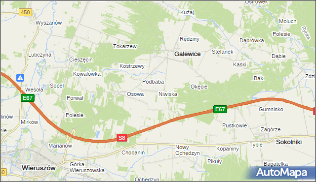 mapa Niwiska gmina Galewice, Niwiska gmina Galewice na mapie Targeo