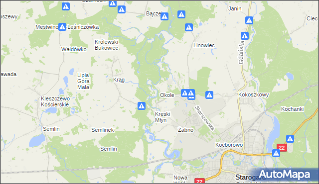 mapa Okole gmina Starogard Gdański, Okole gmina Starogard Gdański na mapie Targeo