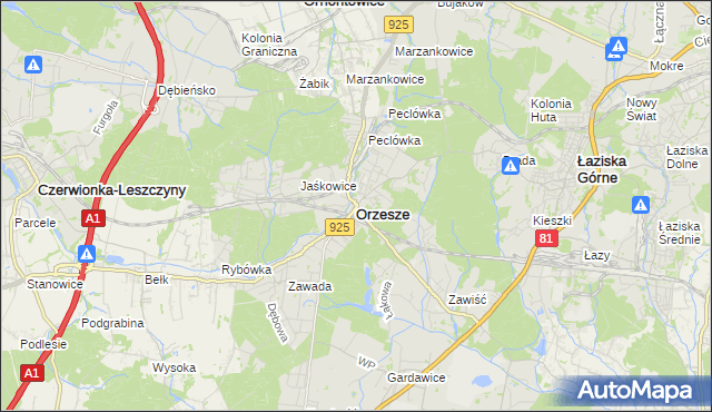 mapa Orzesze powiat mikołowski, Orzesze powiat mikołowski na mapie Targeo