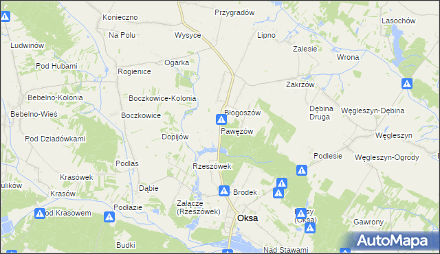 mapa Pawęzów gmina Oksa, Pawęzów gmina Oksa na mapie Targeo