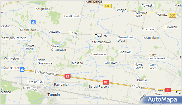 mapa Pawłowice gmina Teresin, Pawłowice gmina Teresin na mapie Targeo