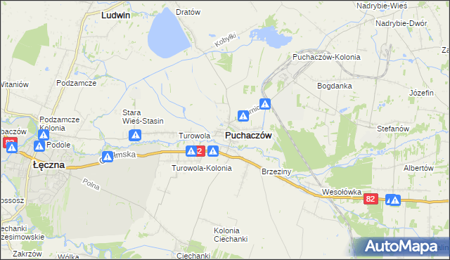 mapa Puchaczów powiat łęczyński, Puchaczów powiat łęczyński na mapie Targeo