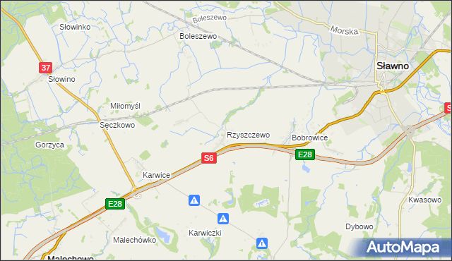 mapa Rzyszczewo gmina Sławno, Rzyszczewo gmina Sławno na mapie Targeo