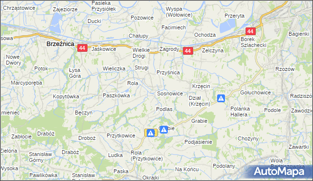 mapa Sosnowice gmina Brzeźnica, Sosnowice gmina Brzeźnica na mapie Targeo