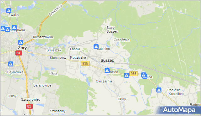 mapa Suszec powiat pszczyński, Suszec powiat pszczyński na mapie Targeo