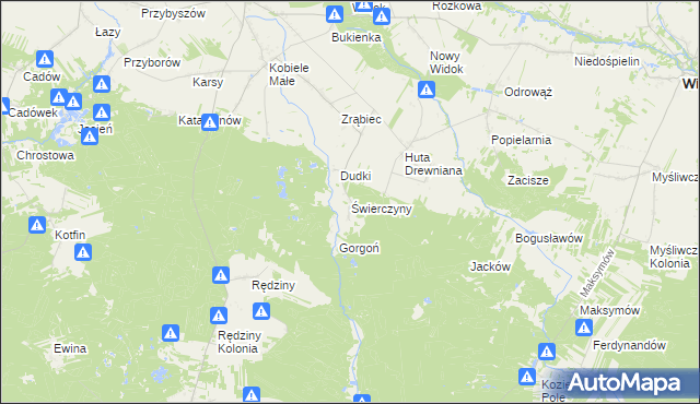 mapa Świerczyny gmina Kobiele Wielkie, Świerczyny gmina Kobiele Wielkie na mapie Targeo