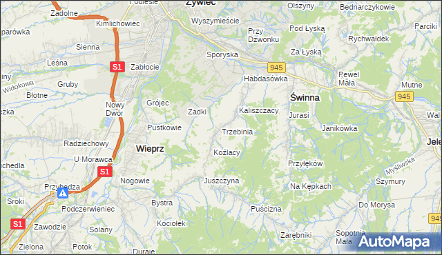 mapa Trzebinia gmina Świnna, Trzebinia gmina Świnna na mapie Targeo