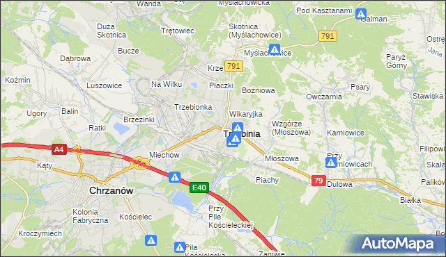 mapa Trzebinia powiat chrzanowski, Trzebinia powiat chrzanowski na mapie Targeo