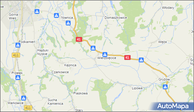 mapa Wierzbięcice gmina Nysa, Wierzbięcice gmina Nysa na mapie Targeo