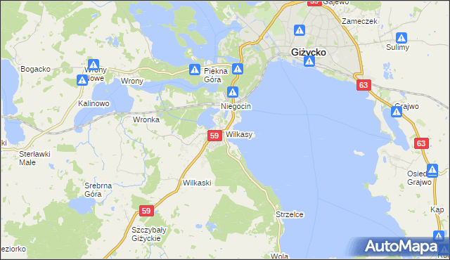 mapa Wilkasy gmina Giżycko, Wilkasy gmina Giżycko na mapie Targeo