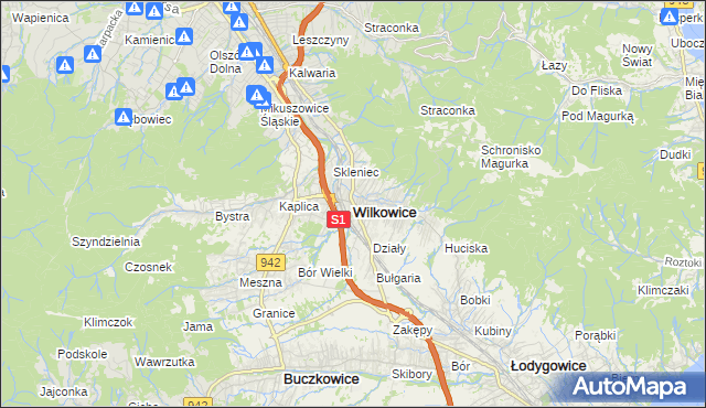 mapa Wilkowice powiat bielski, Wilkowice powiat bielski na mapie Targeo