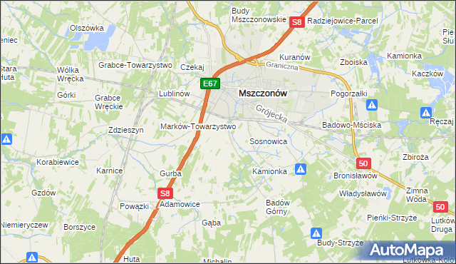 mapa Wymysłów gmina Mszczonów, Wymysłów gmina Mszczonów na mapie Targeo