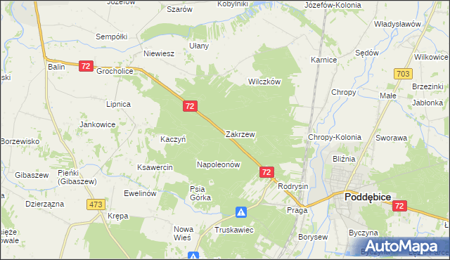 mapa Zakrzew gmina Poddębice, Zakrzew gmina Poddębice na mapie Targeo