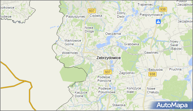 mapa Zebrzydowice powiat cieszyński, Zebrzydowice powiat cieszyński na mapie Targeo