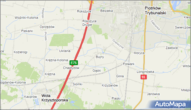 mapa Bujny gmina Wola Krzysztoporska, Bujny gmina Wola Krzysztoporska na mapie Targeo