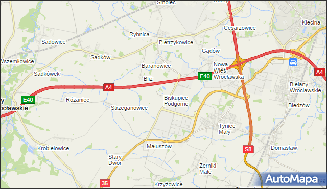 mapa Biskupice Podgórne, Biskupice Podgórne na mapie Targeo