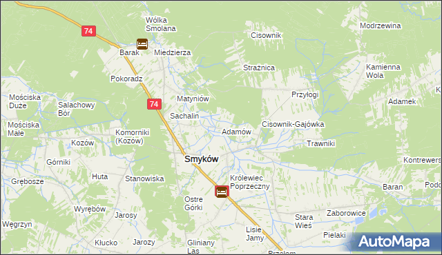 mapa Adamów gmina Smyków, Adamów gmina Smyków na mapie Targeo