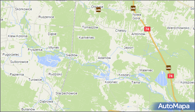 mapa Adamów gmina Żarnów, Adamów gmina Żarnów na mapie Targeo