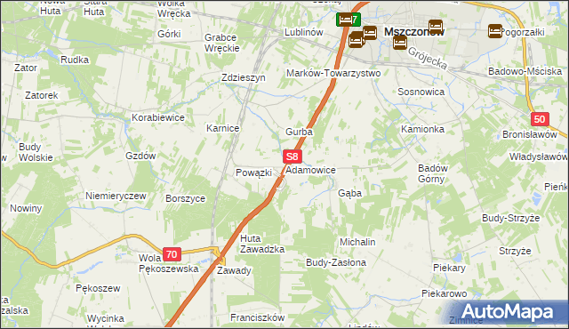 mapa Adamowice gmina Mszczonów, Adamowice gmina Mszczonów na mapie Targeo