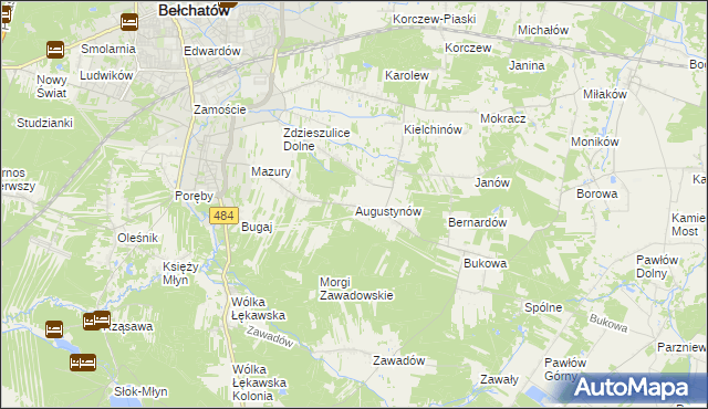 mapa Augustynów gmina Bełchatów, Augustynów gmina Bełchatów na mapie Targeo