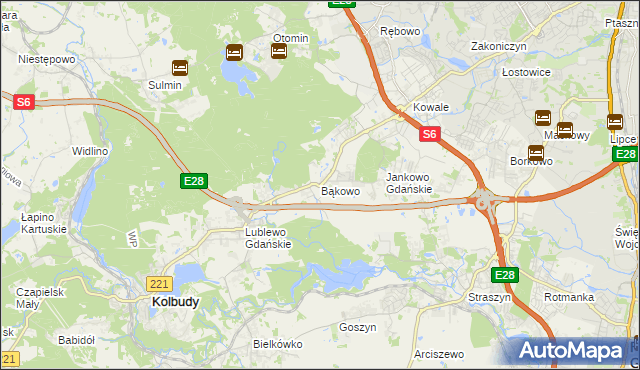 mapa Bąkowo gmina Kolbudy, Bąkowo gmina Kolbudy na mapie Targeo