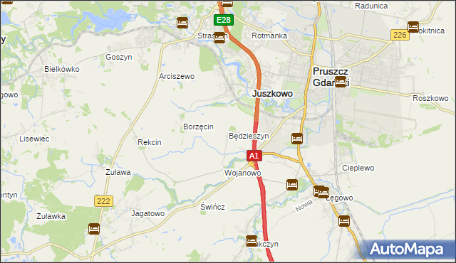 mapa Będzieszyn gmina Pruszcz Gdański, Będzieszyn gmina Pruszcz Gdański na mapie Targeo