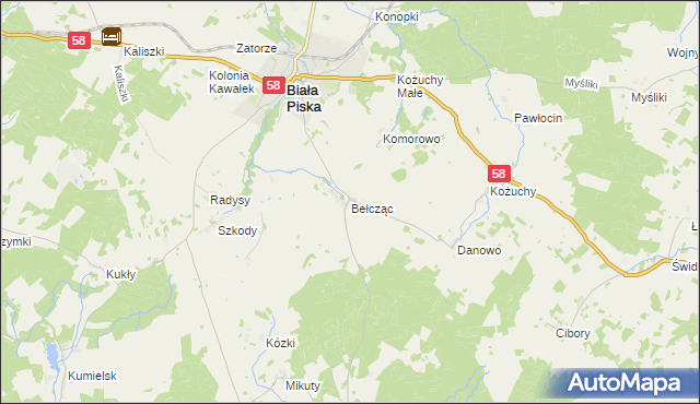 mapa Bełcząc gmina Biała Piska, Bełcząc gmina Biała Piska na mapie Targeo