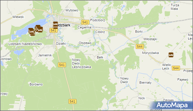 mapa Bełk gmina Lidzbark, Bełk gmina Lidzbark na mapie Targeo