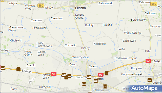 mapa Białuty gmina Błonie, Białuty gmina Błonie na mapie Targeo