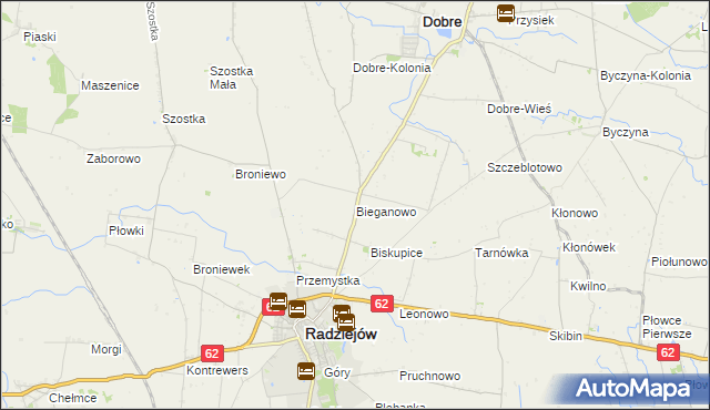 mapa Bieganowo gmina Radziejów, Bieganowo gmina Radziejów na mapie Targeo