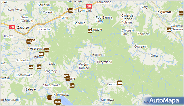 mapa Bielanka gmina Gorlice, Bielanka gmina Gorlice na mapie Targeo