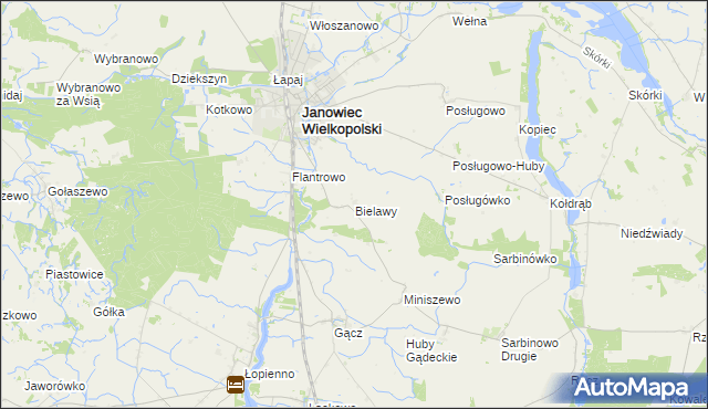 mapa Bielawy gmina Janowiec Wielkopolski, Bielawy gmina Janowiec Wielkopolski na mapie Targeo