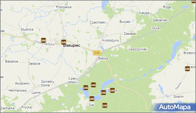 mapa Bielice gmina Biskupiec, Bielice gmina Biskupiec na mapie Targeo