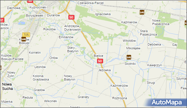 mapa Bielice gmina Sochaczew, Bielice gmina Sochaczew na mapie Targeo