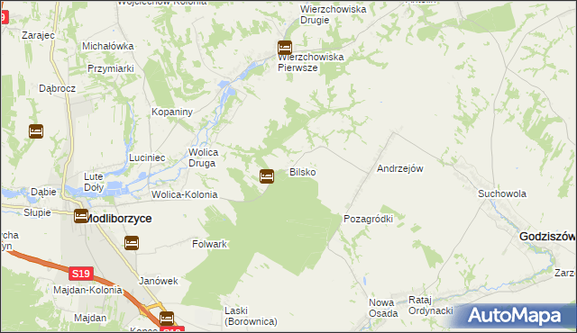 mapa Bilsko gmina Modliborzyce, Bilsko gmina Modliborzyce na mapie Targeo