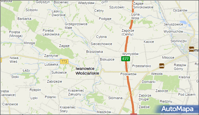mapa Biskupice gmina Iwanowice, Biskupice gmina Iwanowice na mapie Targeo