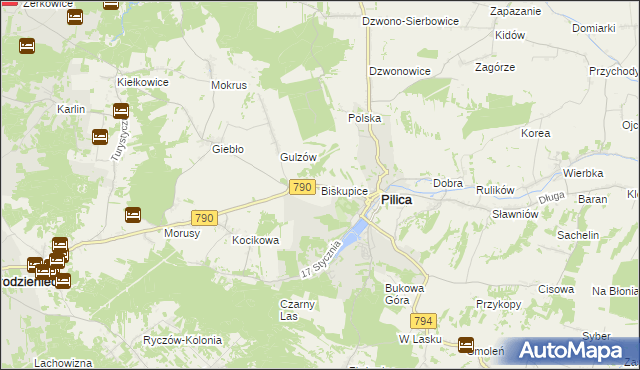 mapa Biskupice gmina Pilica, Biskupice gmina Pilica na mapie Targeo