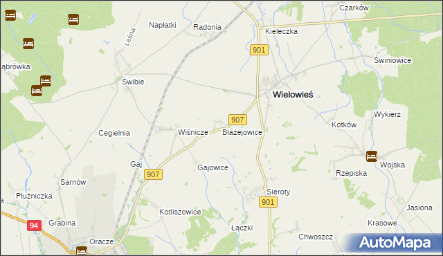 mapa Błażejowice gmina Wielowieś, Błażejowice gmina Wielowieś na mapie Targeo