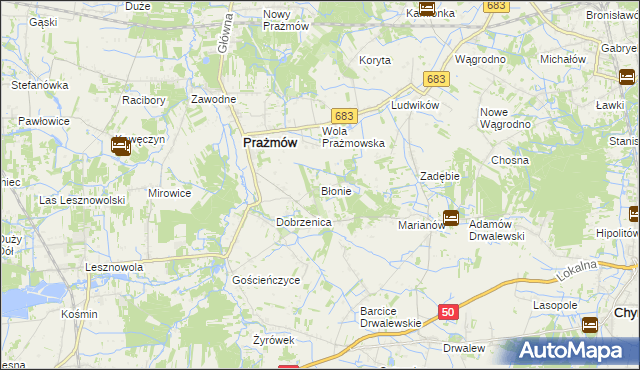 mapa Błonie gmina Prażmów, Błonie gmina Prażmów na mapie Targeo