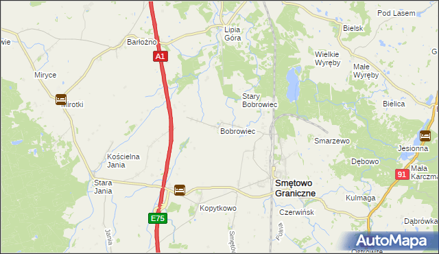 mapa Bobrowiec gmina Smętowo Graniczne, Bobrowiec gmina Smętowo Graniczne na mapie Targeo