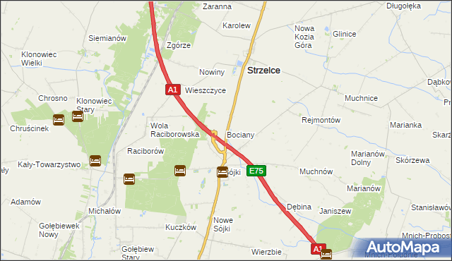 mapa Bociany gmina Strzelce, Bociany gmina Strzelce na mapie Targeo