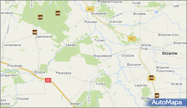 mapa Bogusławice gmina Gołuchów, Bogusławice gmina Gołuchów na mapie Targeo