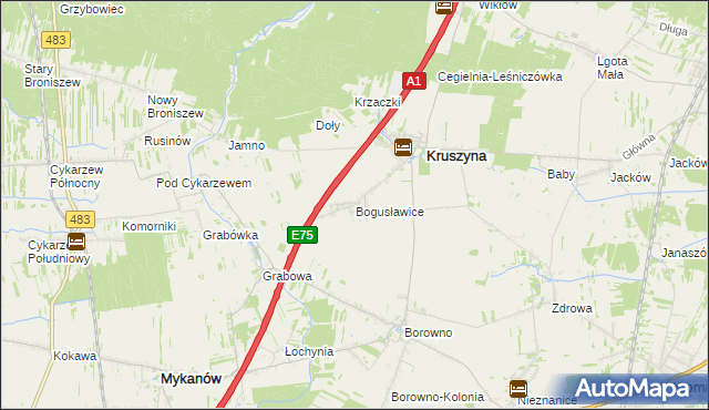 mapa Bogusławice gmina Kruszyna, Bogusławice gmina Kruszyna na mapie Targeo
