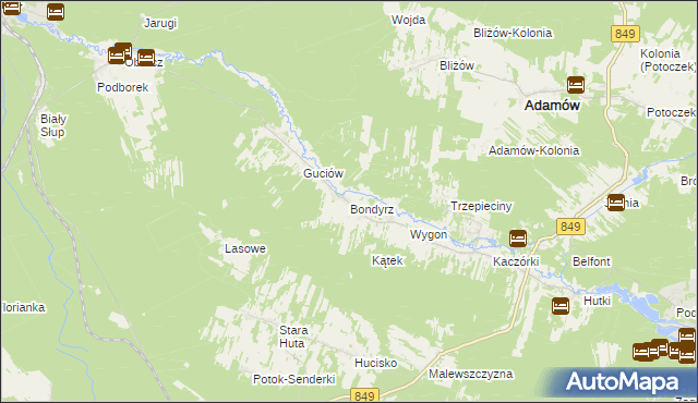 mapa Bondyrz gmina Adamów, Bondyrz gmina Adamów na mapie Targeo