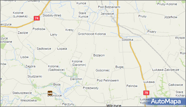 mapa Bożęcin gmina Wilczyce, Bożęcin gmina Wilczyce na mapie Targeo