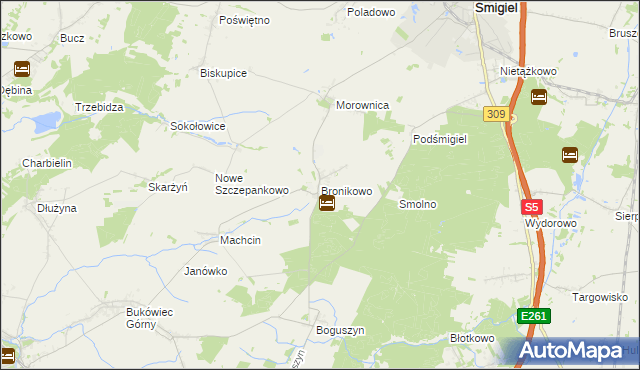 mapa Bronikowo gmina Śmigiel, Bronikowo gmina Śmigiel na mapie Targeo