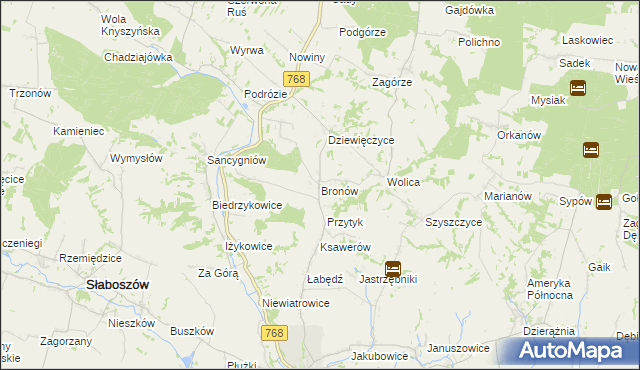 mapa Bronów gmina Działoszyce, Bronów gmina Działoszyce na mapie Targeo