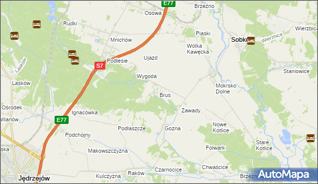 mapa Brus gmina Jędrzejów, Brus gmina Jędrzejów na mapie Targeo