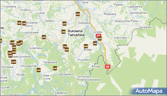 mapa Brzegi gmina Bukowina Tatrzańska, Brzegi gmina Bukowina Tatrzańska na mapie Targeo