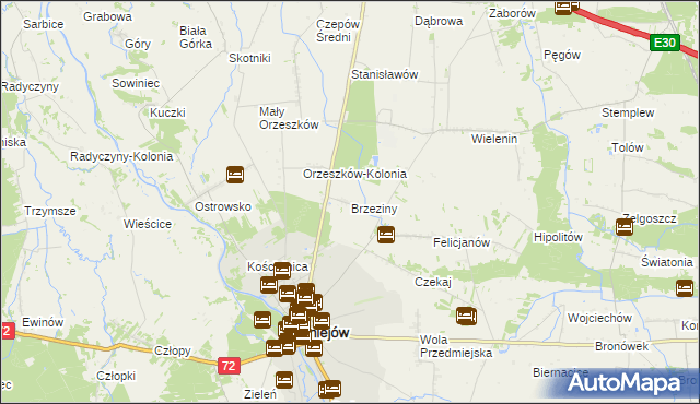 mapa Brzeziny gmina Uniejów, Brzeziny gmina Uniejów na mapie Targeo